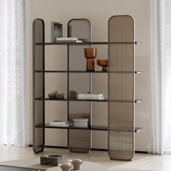 Elegant Capital Giselle Plus bookcase with rounded matte metal frame and warmer toned marble shelves built with bronzed fluted glass panels