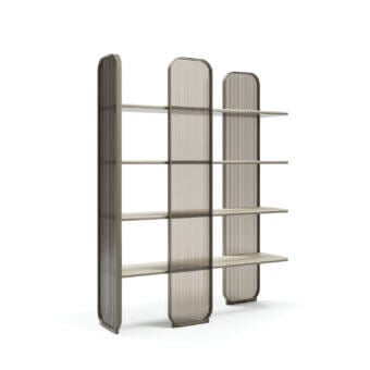 Exceptional Capital Giselle Plus bookcase crafted in Italy with rounded metal, marble shelves and bronzed fluted glass panels