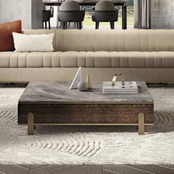 Distinguished Capital Grand coffee table with a marble tabletop and solid wood built with a satin finish