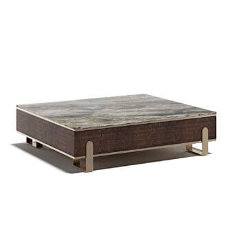 Superior Capital Grand coffee table crafted with dark brown wood, cool gray marble, and lustrous brass-toned metal legs with a satin finish