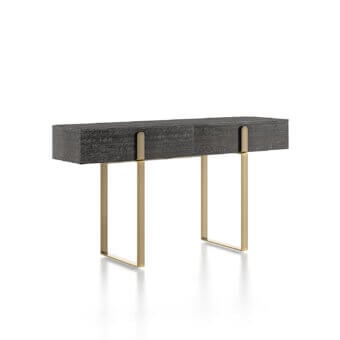 Distinguished Capital Grand console crafted in dark gray matte-toned solid wood with recessed metallic pulls and golden U-shaped legs