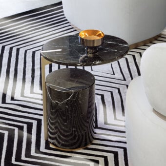 Superior Capital Hugo side table with dark marble tabletop and base plus sleek metallic connector with polished surfaces