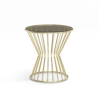 Captivating Capital Khero side table with round dark gray glass top and intricately designed glossy golden metallic base crafted in Italy
