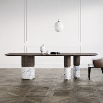 Harmonious Capital Loīc table with shaped tabletop in lacquered wood and sculptural marble base displaying glossy finish