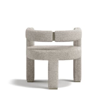 Exceptional Capital Mirage armchair upholstered in textured neutral beige fabric with brushed metal accents and a solid wooden frame