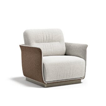 Superior Capital Mon Allure lounge chair with curved foam-molded shell, neutral beige textile and satin sheen wood plinth base