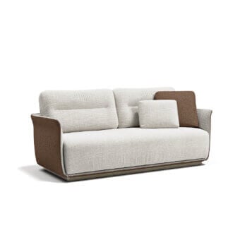 Captivating Capital Mon Allure sofa upholstered in textured neutral beige fabric with a warm brown metal-finished plinth base