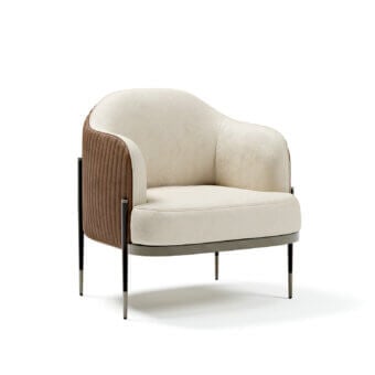 Exceptional Capital Oxford lounge chair with light textile upholstery, satin brown wood armrests and dark-toned metal frame