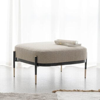 Superior Capital Oxford ottoman with neutral beige textile upholstery and gold-toned metal legs crafted in Italy