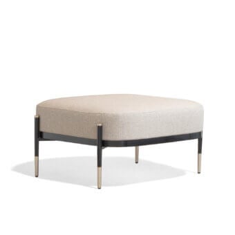 Elegant Capital Oxford ottoman with light beige fine fabric upholstery and contrasting wood frame built with metallic leg caps