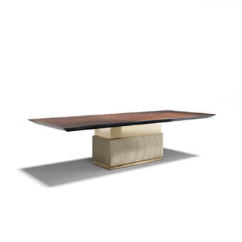 Exceptional Capital Rock table with dark wood, satin finish, light beige upholstery and brushed metallic detailing