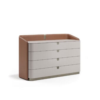 Refined Capital Suite dresser with sumptuous leather and lacquer in light gray-beige with reddish-brown accents and a matte finish