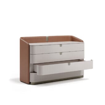 Exceptional Capital Suite dresser with sumptuous leather drawer fronts and elegant lacquer in light gray-beige with a warm wood frame