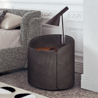 Distinguished Capital Suite nightstand upholstered in luxurious leather with a muted gray finish and warm-toned wooden interiors
