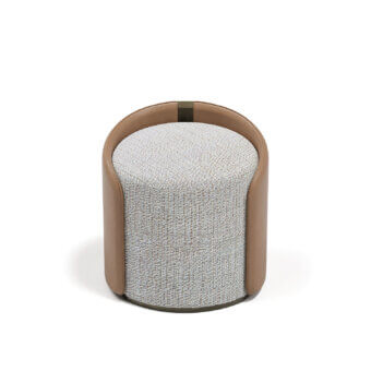 Exceptional Capital Suite ottoman with sculpted leather shell, light gray textile upholstery and satin-finish wood band