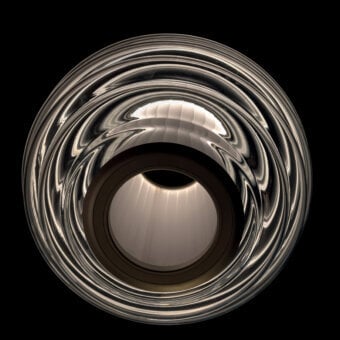 Superior Contardi Alma suspension lamp crafted in blown glass with rippled metal rings and a silvery finish