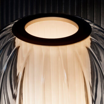 Exceptional Contardi Alma lamp crafted in gradient creamy to smoky gray blown glass with ribbed texture