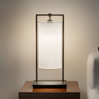 Distinguished Contardi Athena lamp with white linen shade and dark matte metal frame built with a walnut base
