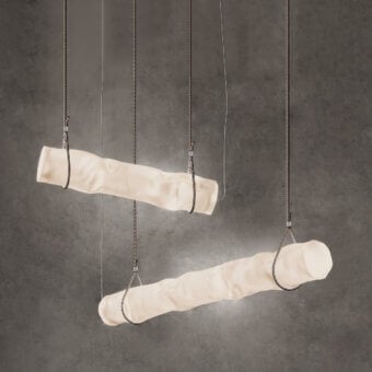 Exceptional Contardi Baggy Horizontal suspension lamp in textured matte beige fabric with delicate textile cords
