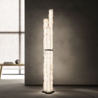 Distinguished Contardi Baggy Trio floor lamp crafted in Italy with double-satin polycarbonate diffusers and a softly textured matte finish