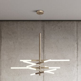 Elegant Contardi Bianca suspension lamp with snowflake-inspired design in metal and brushed brass finish emitting balanced light