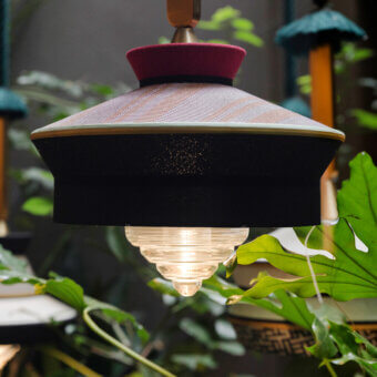 Refined Contardi Calypso Outdoor suspension lamp with dark gray textile and magenta accents crafted in Italy with a sealed glass cylinder