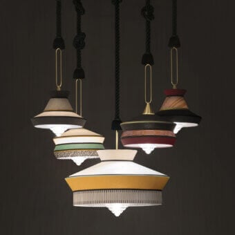 Exquisite Contardi Calypso suspension lamp crafted in cream, beige and ochre with a brass finish and green silk braided cord
