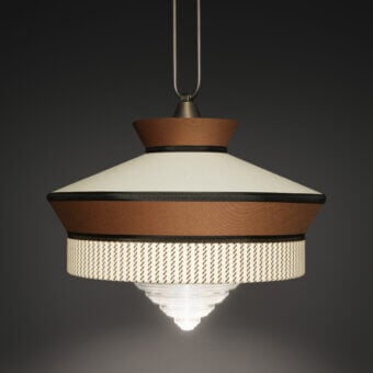 Superior Contardi Calypso suspension lamp crafted in warm brown and cream woven textiles with clear glass and satin metal finish