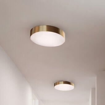 Superior Contardi Discus ceiling lamp crafted in sculpted metal with satin brass-toned finish and white opaline diffuser