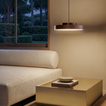 Elegant Contardi Discus suspension lamp with metal and wood, boasting a satin finish and warm bronze tone