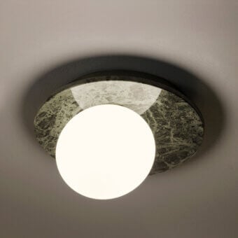 Elegant Contardi Emma ceiling lamp crafted in dark mottled marble with softly illuminated white opal glass