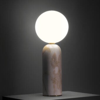 Superior Contardi Emma table lamp crafted in marble with a white opal glass sphere diffuser emitting warm light