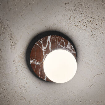 Superior Contardi Emma Wall Lamp lighting crafted in reddish-brown marble with white opal glass and dark matte metal framing