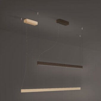 Exceptional Contardi Fly suspension lamp crafted in warm beige wood with sleek silver-toned metal cables and matte finish