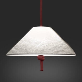 Elegant Contardi Hat suspension lamp crafted in translucent material with a red textile cord and off-white shade