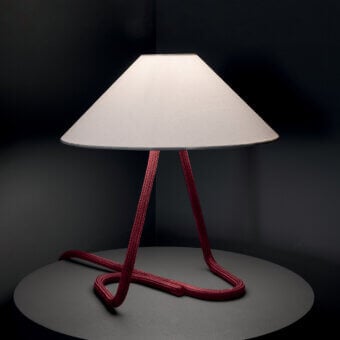 Distinguished Contardi Hat Table Lamp with conical off-white lampshade and reddish-burgundy textured rope-covered base