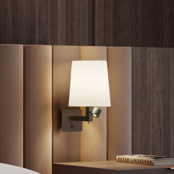 Elegant Contardi Heritage wall lamp with dark gray metal and off-white linen lampshade, boasting a 90-degree rotating LED module