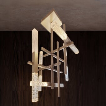 Distinguished Contardi Mikado suspension lamp crafted in brass with exquisitely engraved crystal cubes and satin finish