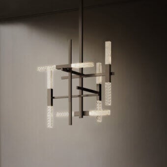 Superior Contardi Mikado suspension lamp crafted in brass tubes and exquisitely engraved crystal cubes with a muted finish
