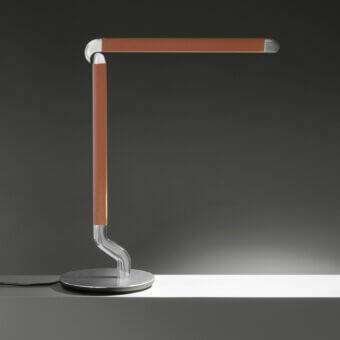 Elegant Contardi Picchio lamp with a warm brown textile wrap and clear synthetic base in satin metal