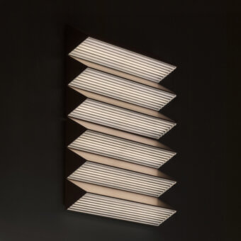 Exceptional Contardi Stick Trio wall lamp with ribbed glass-effect diffuser and dark stained wood backing crafted in muted bronze metal