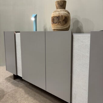 Elegant Dallagnese DA45 sideboard crafted in matte gray-toned wood with luminous textured stoneware offering a contemporary aesthetic