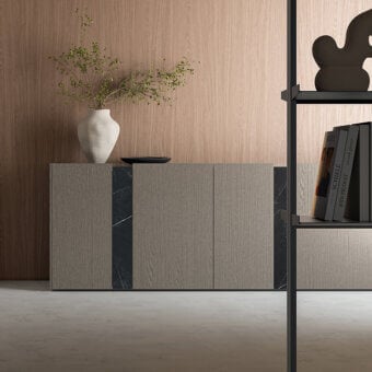 Sophisticated Dallagnese DA45 sideboard crafted in light gray with radiant textured stoneware insert and matte finish