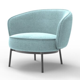 Exceptional Horm Concorde lounge chair with light blue textile upholstery, soft padding and satin-finish metal legs