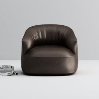 Lavish Horm Edith swivel lounge chair with organically curved silhouette upholstered in textured deep brown textile with matte finish