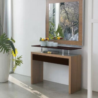 Refined Ivano Antonello Italia Ade console with dark brown satin wood drawer and lighter wood grain frame
