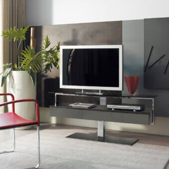 Superior Ivano Antonello Italia Bit TV stand in dark gray with a steel base and glossy wood-like drawer front