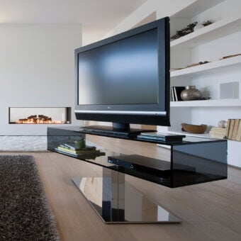 Distinguished Ivano Antonello Italia Daniel TV stand with tempered glass and dark painted metal, boasting a glossy finish