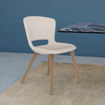 Superior Ivano Antonello Italia Emma dining chair with gently curved form and light beige textured fabric upholstery with satin-finish wood base