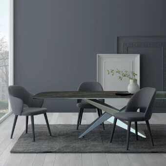 Exceptional Ivano Antonello Italia Letizia dining chair with curved shell in medium gray woven fabric and matte dark gray metal frame